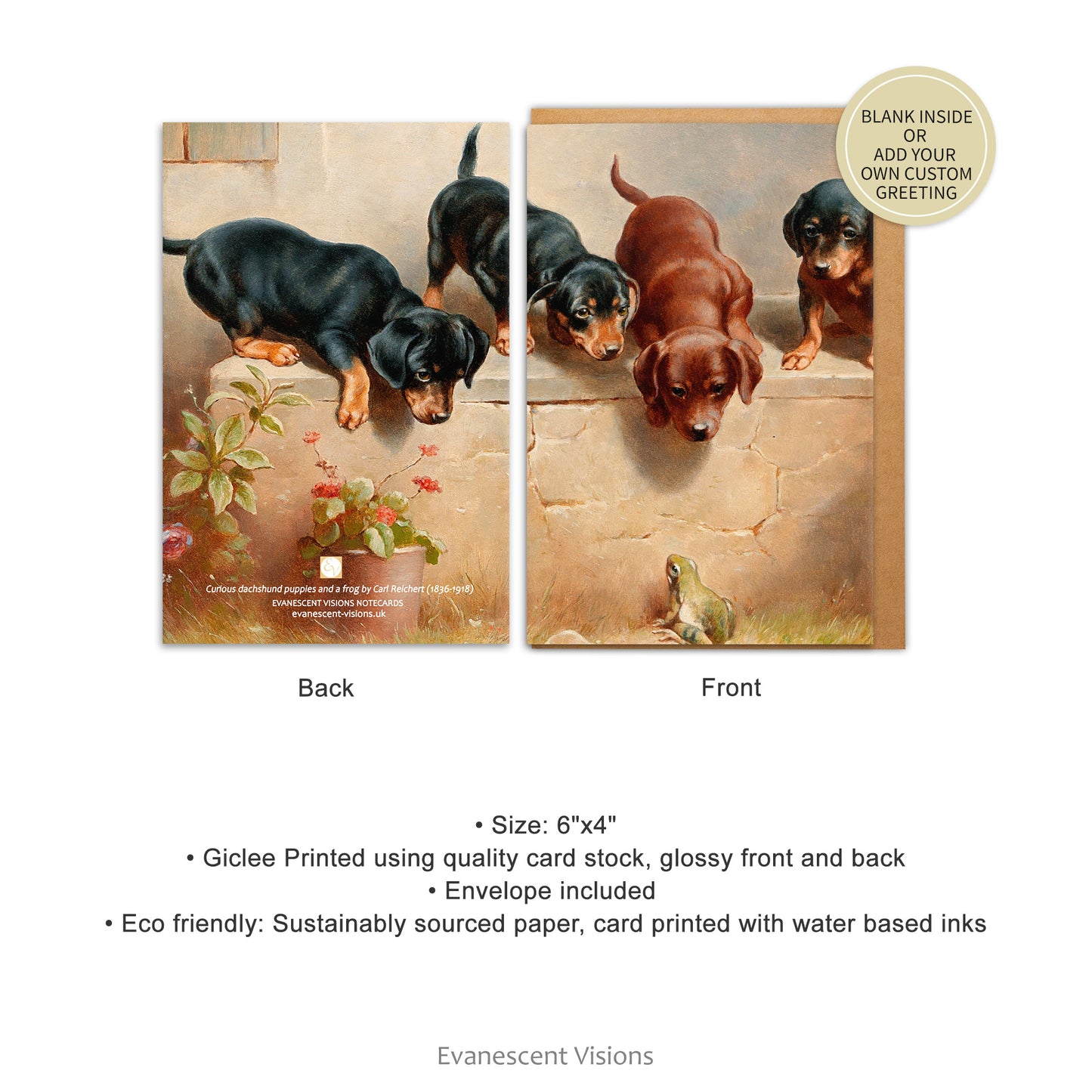 front and back views and product details for the Carl Reichert Dachshund Puppies and a Frog Art Notecard