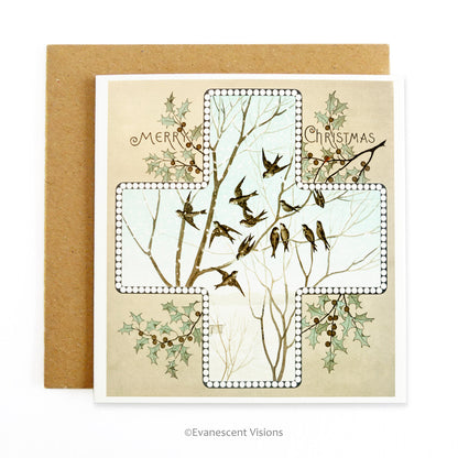 Vintage Design Cross and Holly Christmas Card, Personalised or Blank