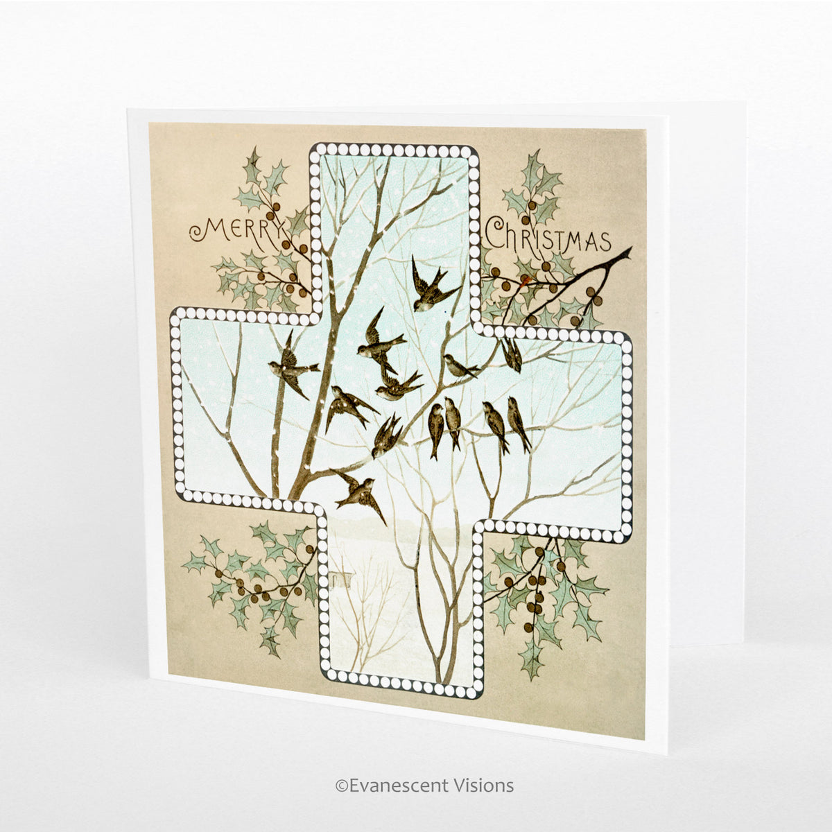 Vintage Design Cross and Holly Christmas Card, Personalised or Blank