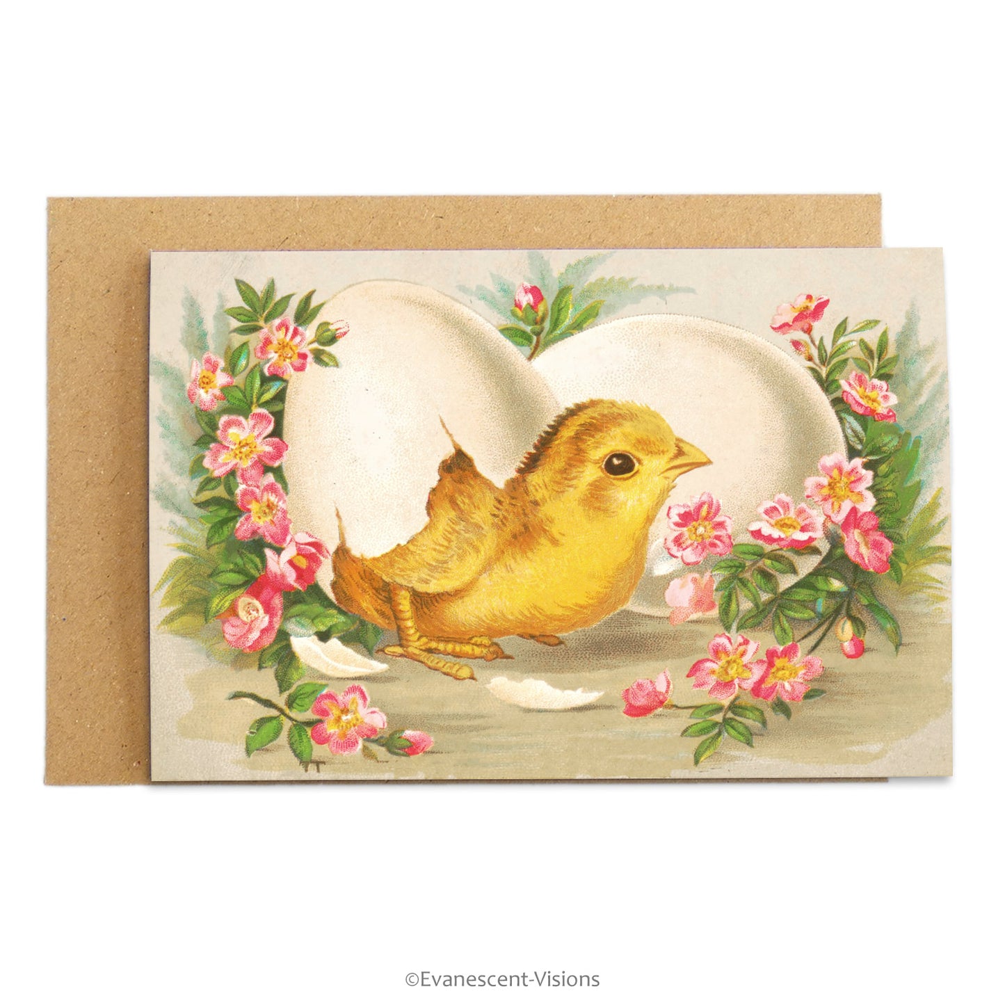 Vintage art easter chick with egg greeting card with envelope.
