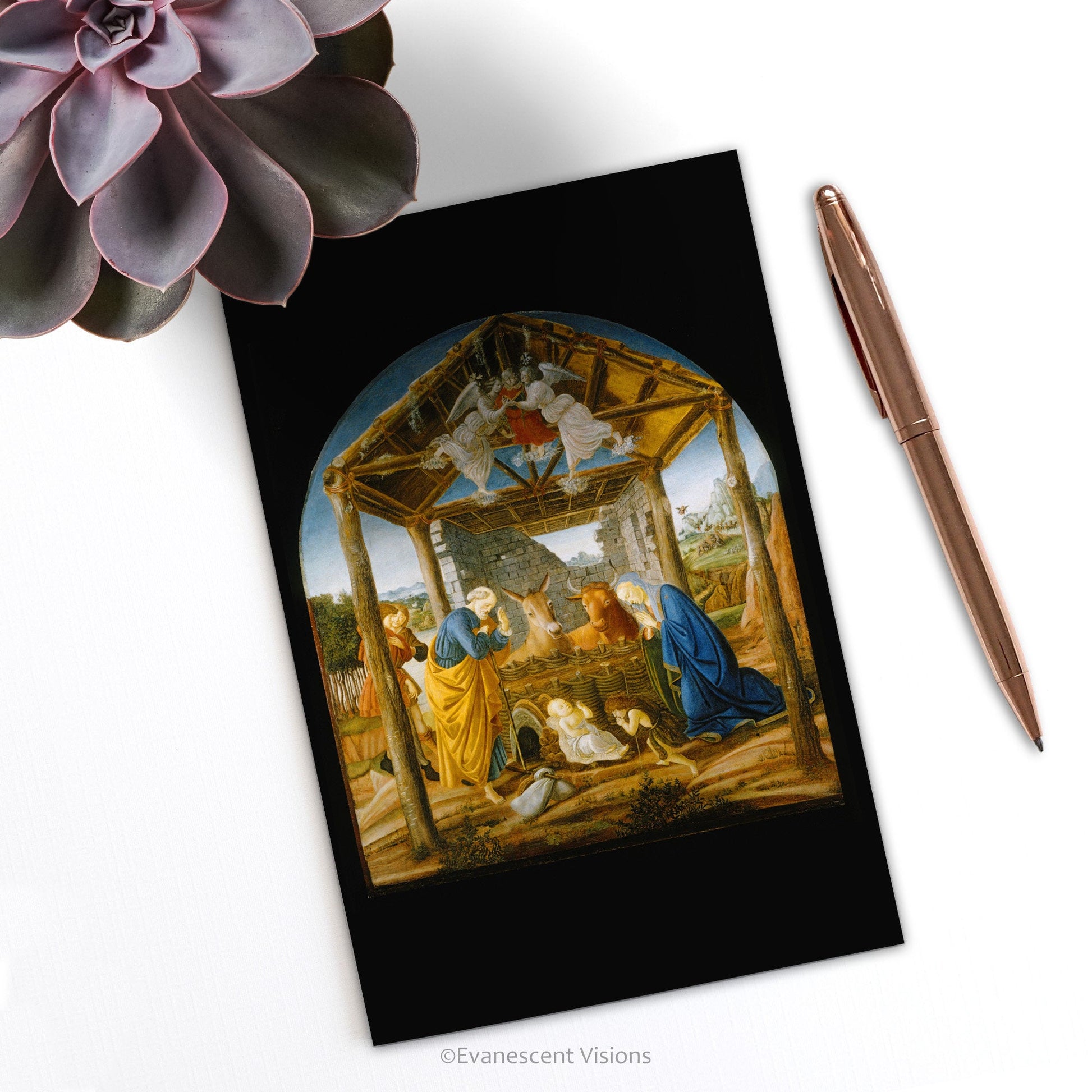 Botticelli Nativity Christmas Card on a desk