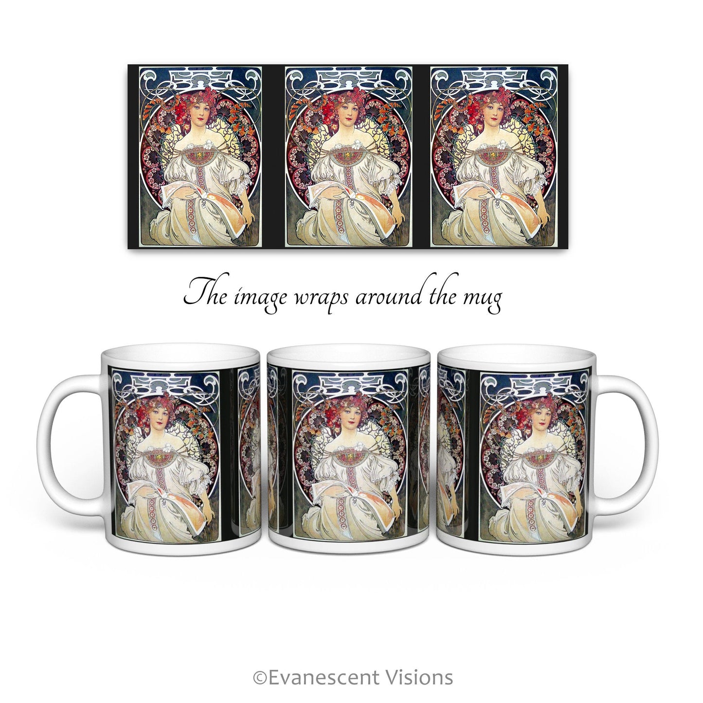 view of all sides of the Mucha Reverie Art Nouveau Illustration Mug